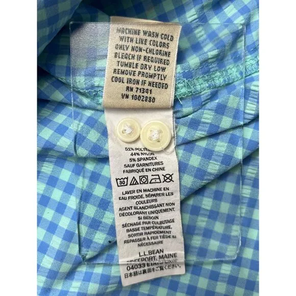 L.L.Bean Womens Medium Button-Up Gingham Shirt Blue & Green Long Sleeve 23i - Picture 7 of 12